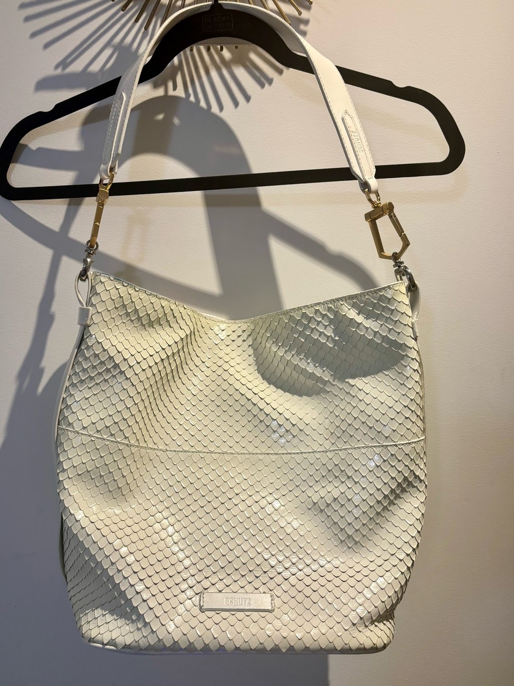 Schultz white handbag Gold silver hardware. Patent shiny snakeskin texture hobo
